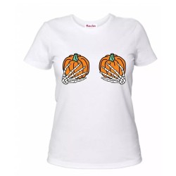 t-shirt maglia bianca donna con disegno zucche mani scheletro halloween regalo