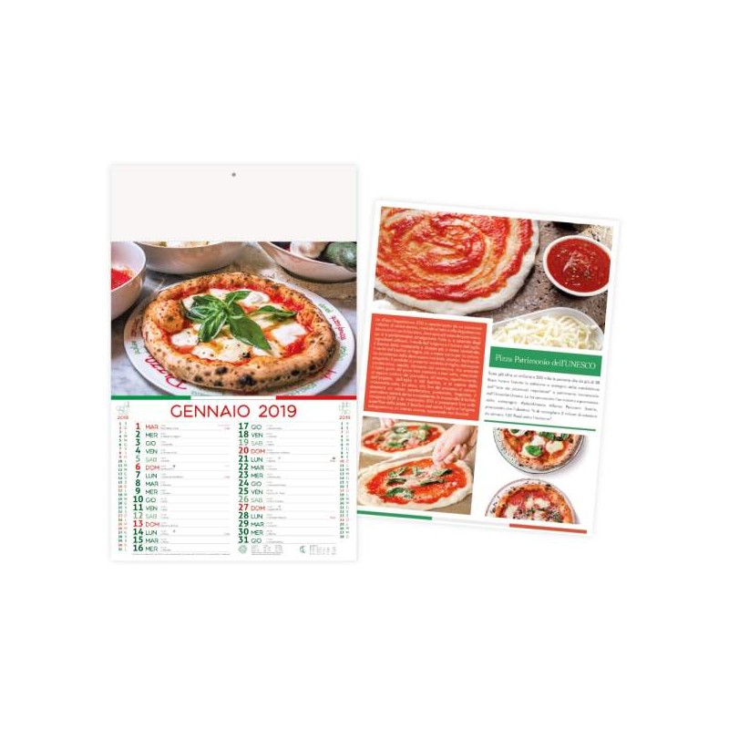 Calendario pizza mensile 12 fogli con testata termosaldata, festività internazionali e retro stampato prezzo cad 0,99 minimo pe